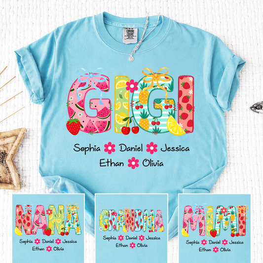 Comfort Colors Personalized Gigi Summer Shirt, Custom Grandma T Shirt with Grandkids Names, Fruit Pattern Family Tee for Gigi Nana Mimi