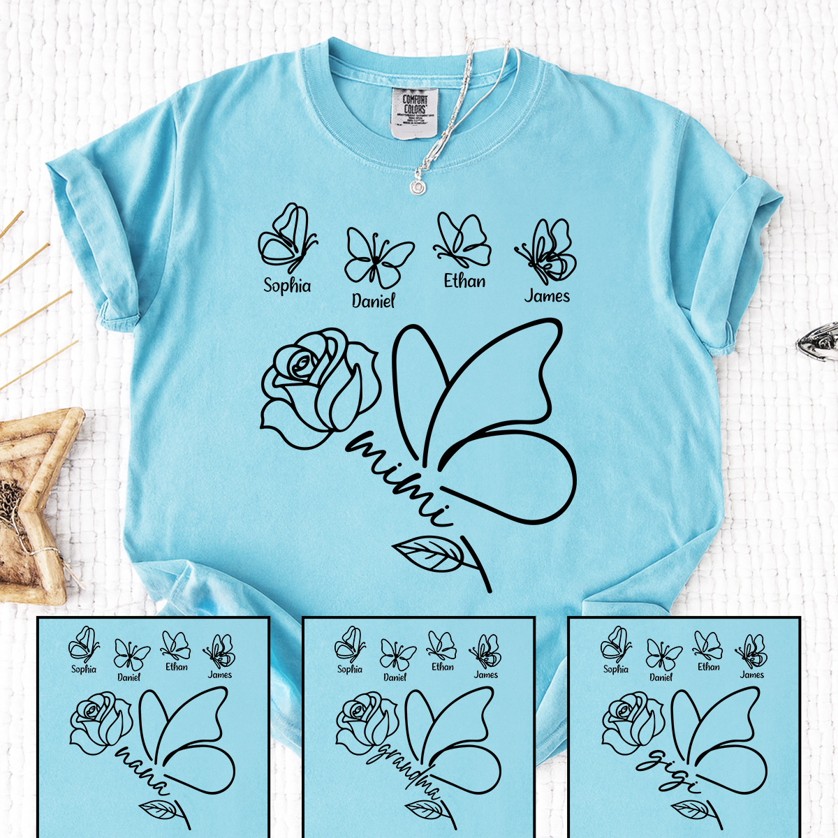 Comfort Colors Custom Mimi Shirt, Butterfly and Rose Graphic, Personalized with Kids Names, Family Gift
