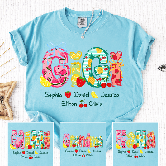 Comfort Colors Custom Gigi Shirt for Grandma, Personalized Family Name T Shirt, Summer Fruit Graphic Tee with Kids Names