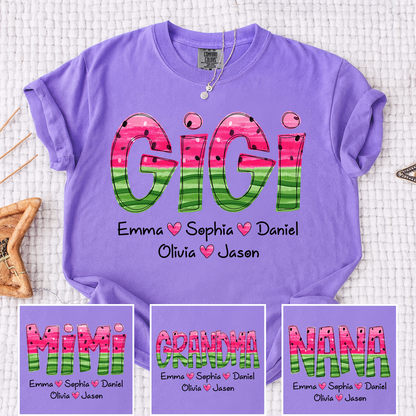 Comfort Colors Custom Gigi Grandma Shirt, Personalized Kids Names Watermelon Graphic Tee, Cute Summer Gift for Nana Mimi Grammy