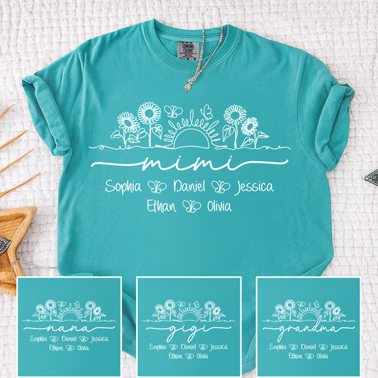 Comfort Colors Custom Mimi T Shirt with Grandchildren Names, Sunflower Garden Graphic Tee, Personalized Family Apparel for Women