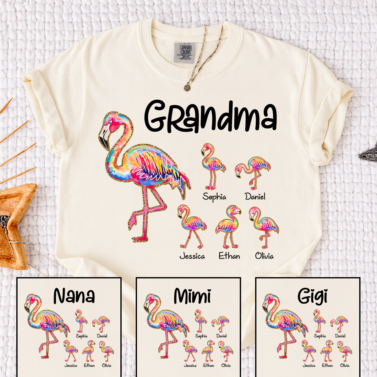Comfort Colors Custom Grandma Flamingo Tee with Kids Names, Personalized Tropical Bird Shirt for Women, Summer Vacation Family Gift