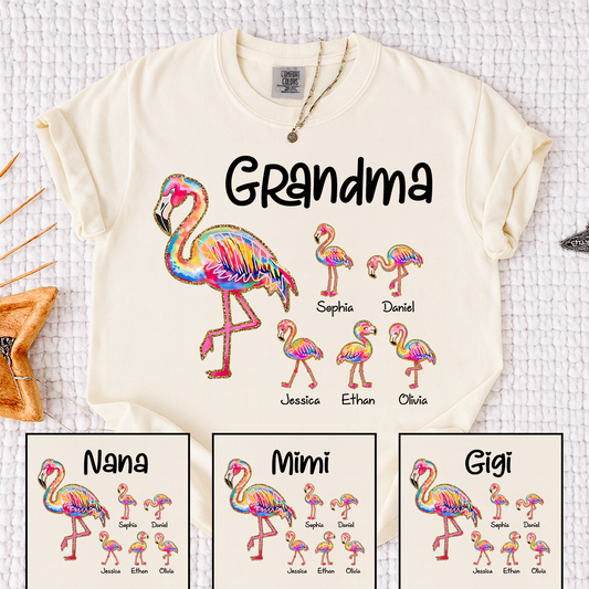 Comfort Colors Custom Grandma Flamingo Tee with Kids Names, Personalized Tropical Bird Shirt for Women, Summer Vacation Family Gift