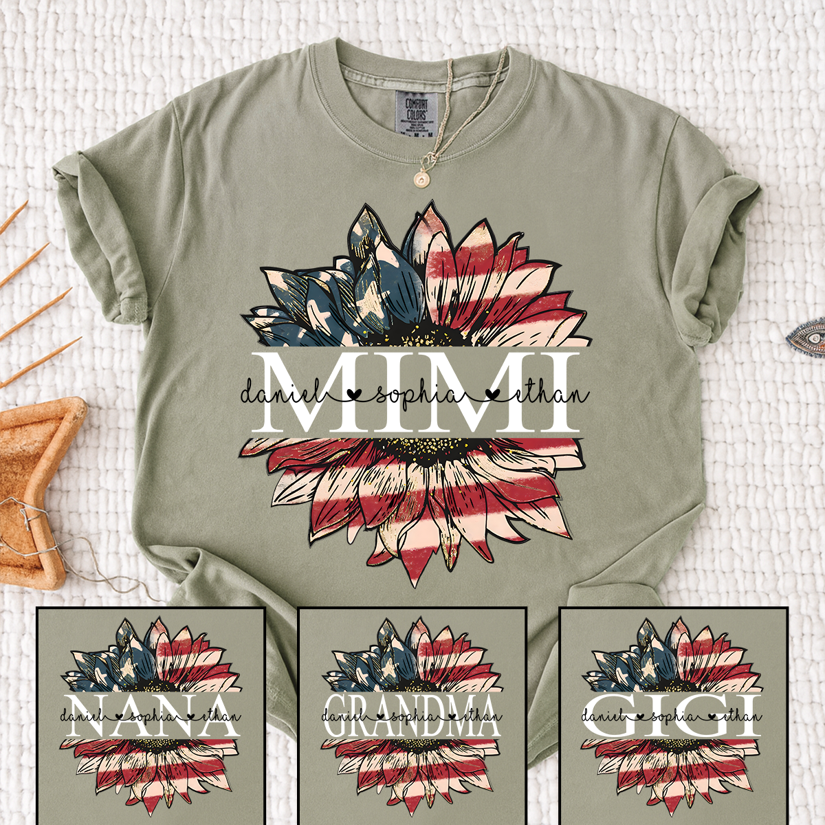 Comfort Colors Personalized Mimi Shirt Sunflower American Flag Design, Custom Kids Names Grandma T Shirt