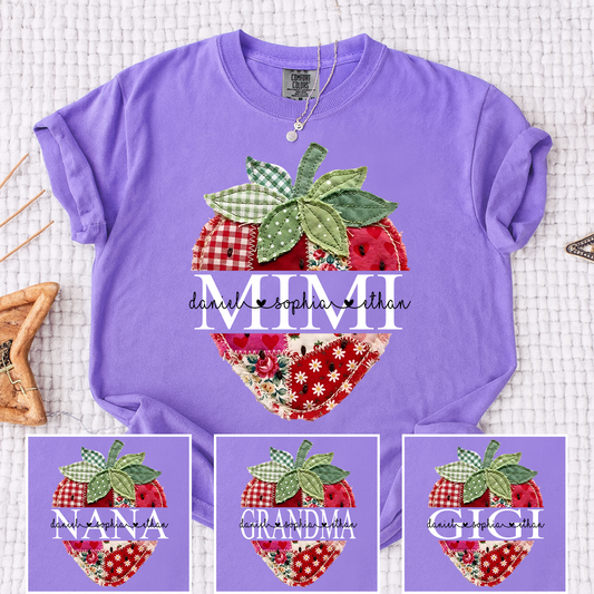 Comfort Colors Mimi Custom Family Tee, Colorful Patchwork Strawberry Shirt with Children’s Names, Gift for Mom Nana or Grandma