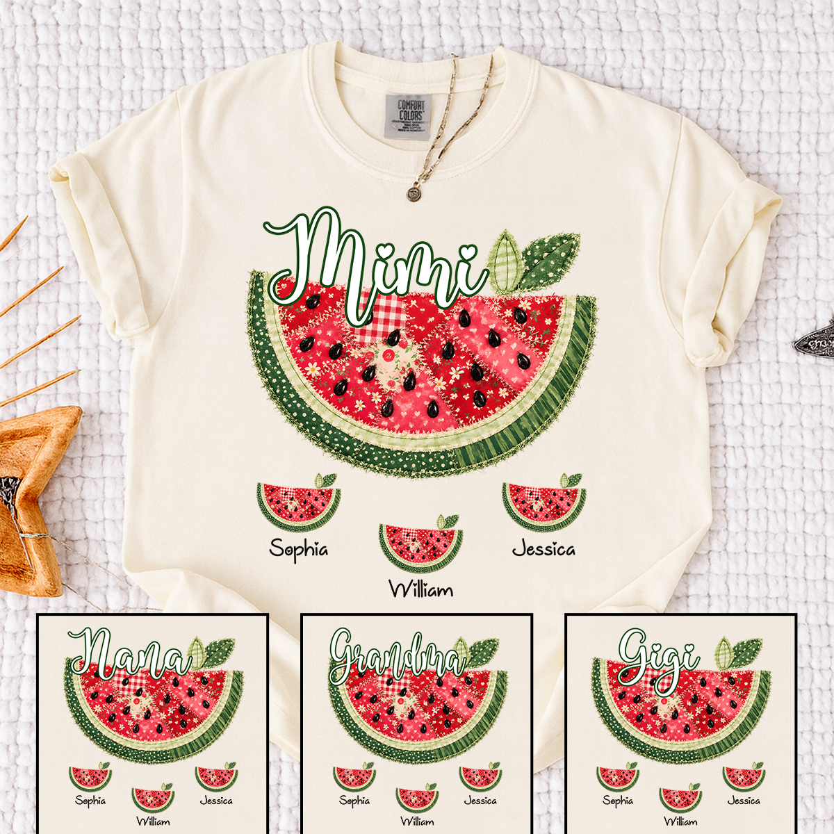 Comfort Colors Custom Mimi Watermelon Patchwork Tee, Personalized Grandma Shirt with Kids Names, Summer Vacation Family Gift for Women