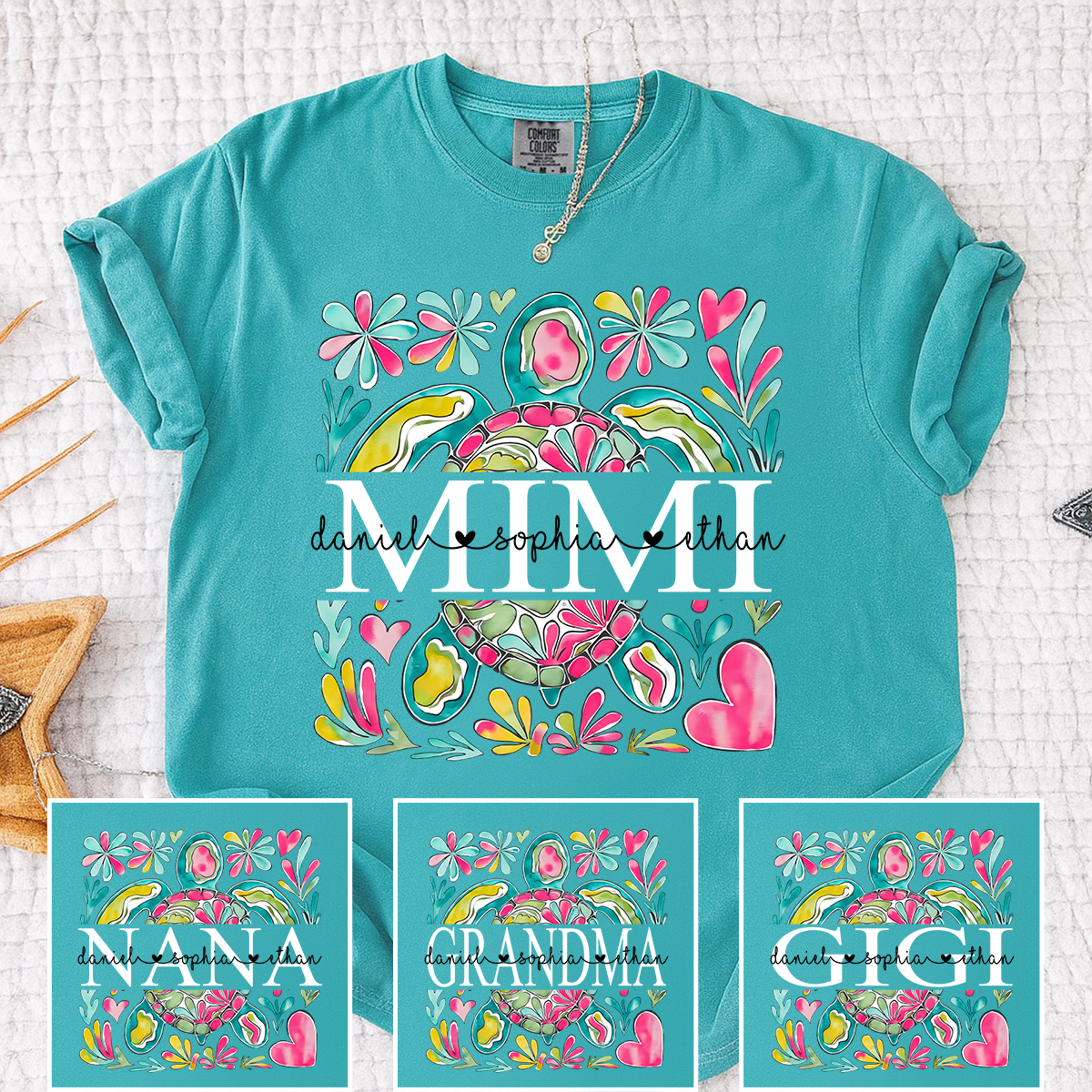 Comfort Colors Personalized Mimi Sea Turtle Shirt, Custom Grandma T Shirt with Grandkids Names, Coastal Family Gift for Mimi Nana Gigi