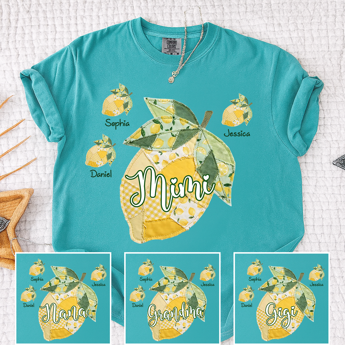 Comfort Colors Personalized Mimi Lemon Shirt with Grandkids Names, Custom Grandma Lemon Patchwork T Shirt for Women, Summer Family Gift