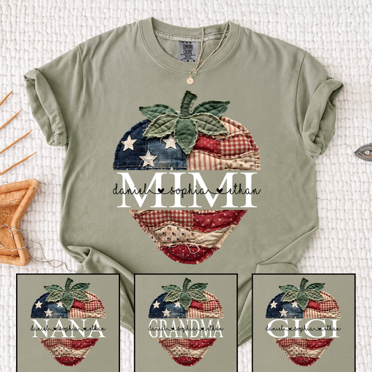 Comfort Colors Personalized Mimi Patriotic Strawberry Shirt, Custom Grandma American Flag Patchwork Tee for Women, Family Gift for 4th of July