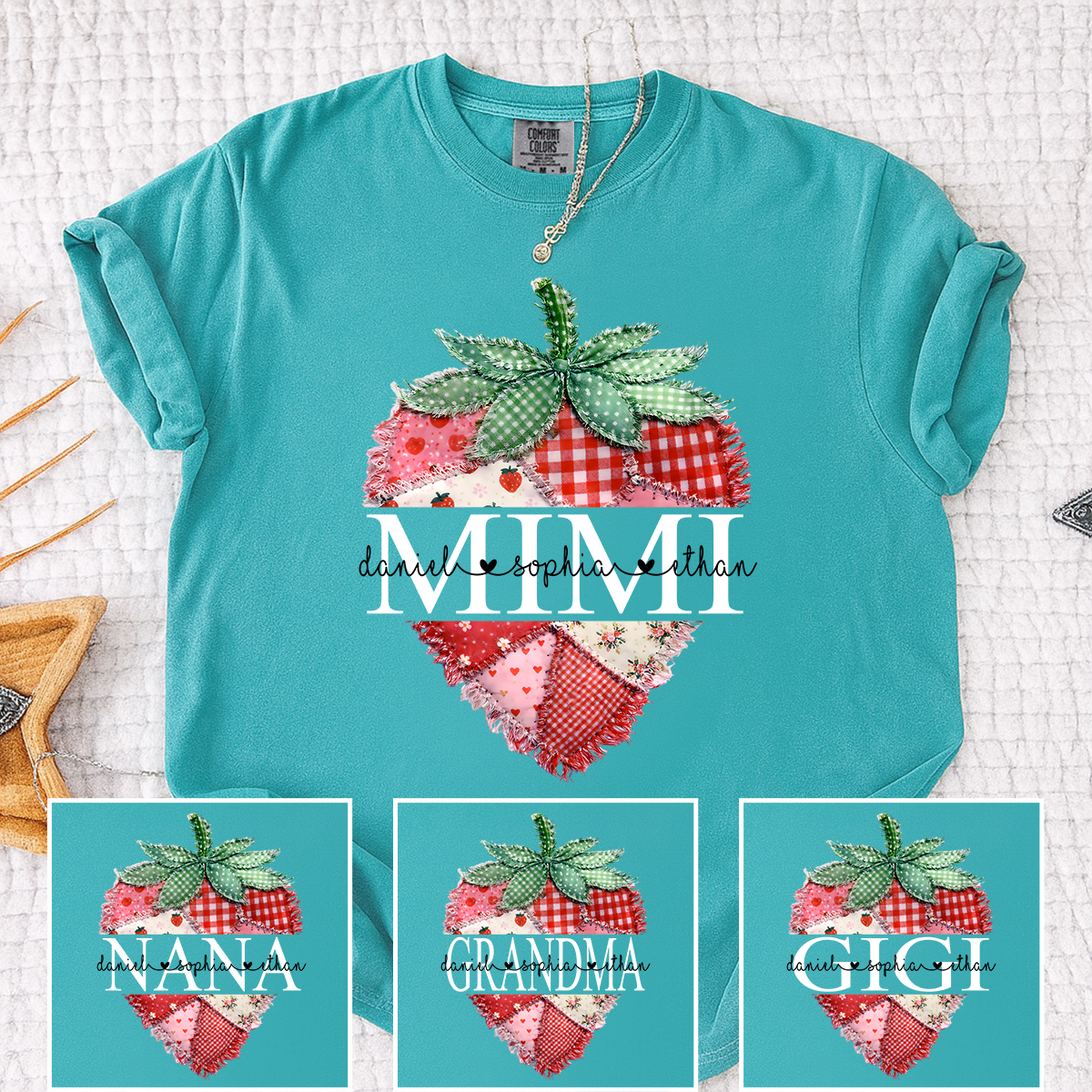 Comfort Colors Custom Mimi Strawberry Patchwork Tee, Personalized Grandma Shirt with Grandchildren Names, Birthday Christmas Family Gift