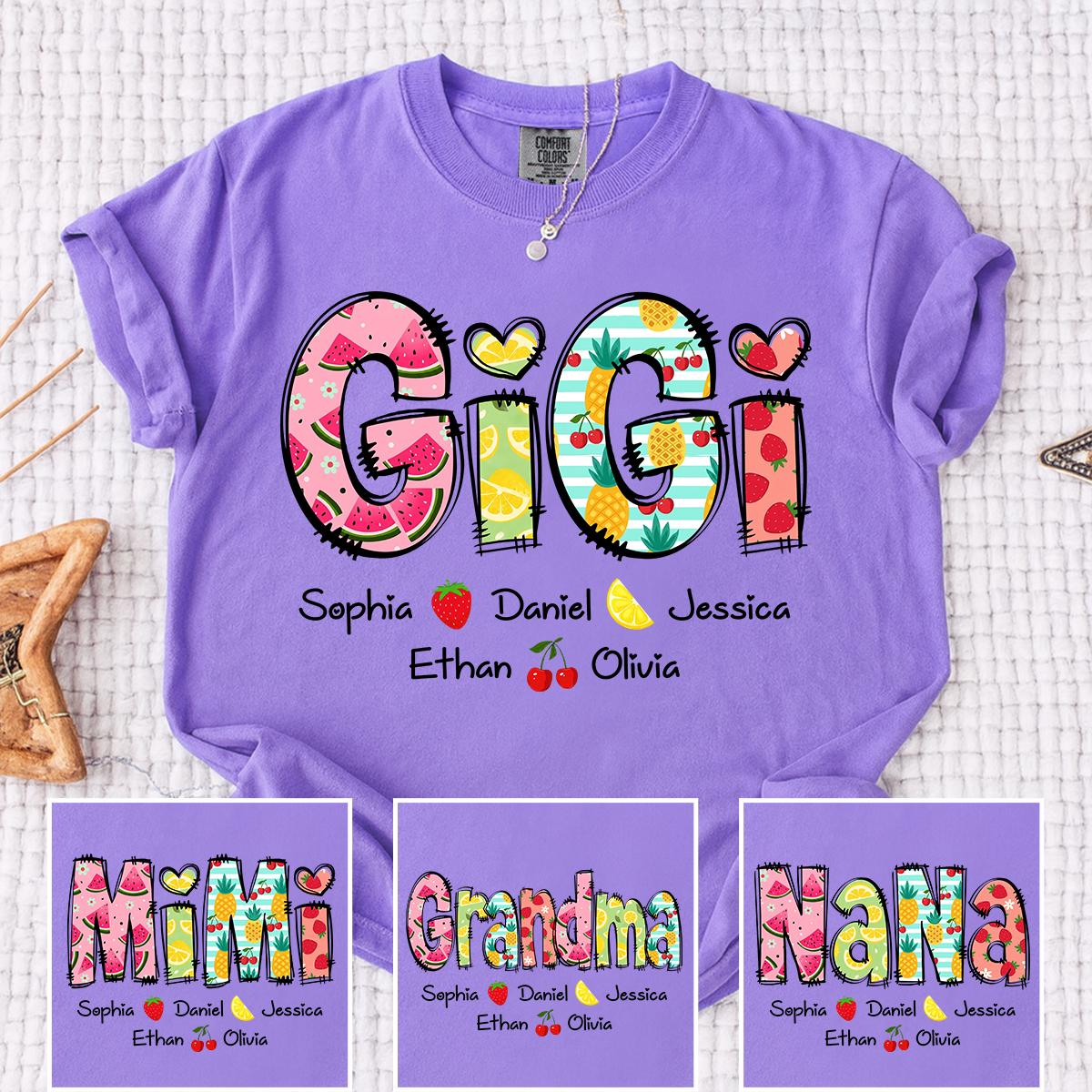 Comfort Colors Custom Gigi Shirt with Kids Names, Personalized Grandma Summer T Shirt, Fruit Pattern Graphic Tee for Nana Mimi Grammy