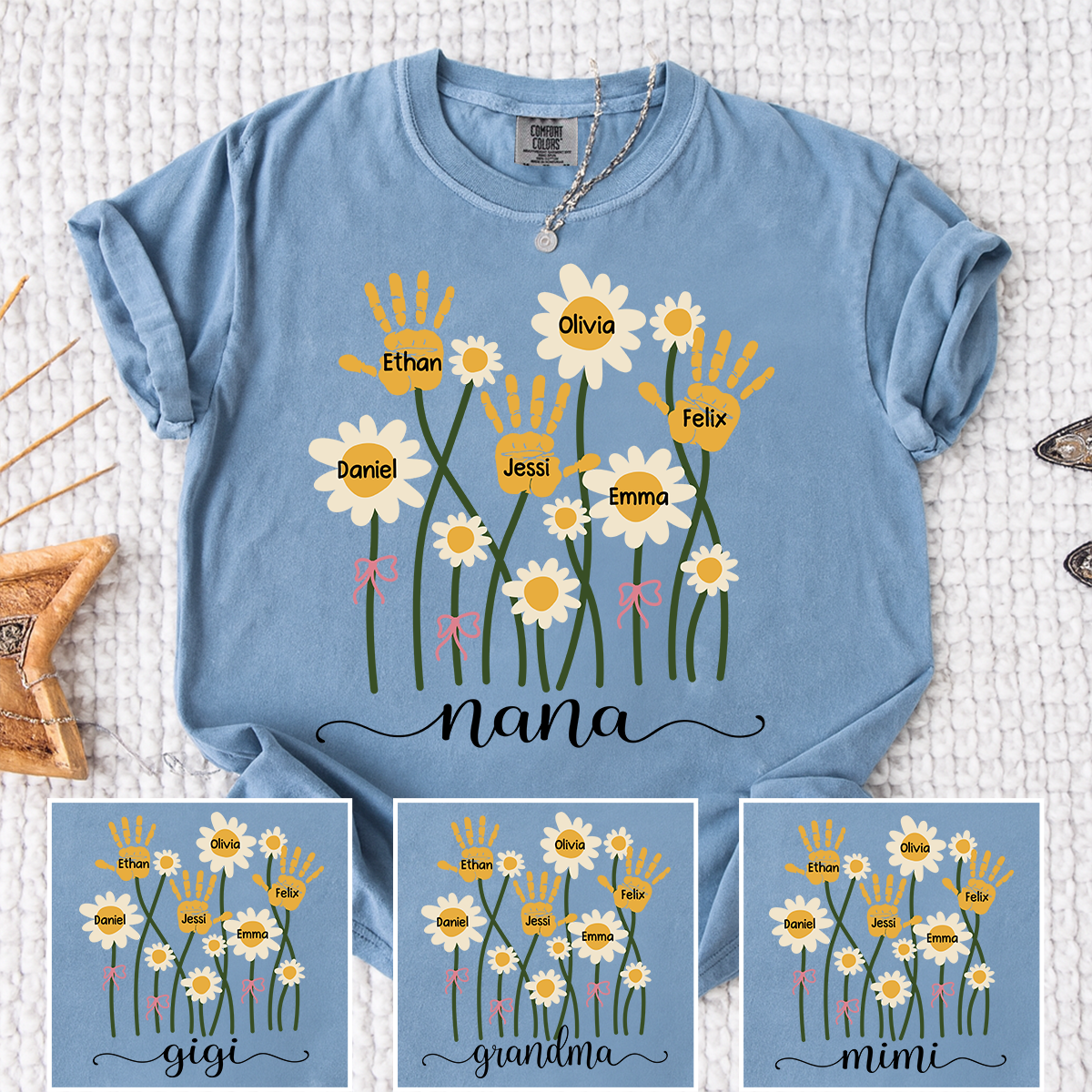 Comfort Colors Personalized Nana Shirt, Custom Handprint Daisy Flower Design, Grandkids Names Tee, Mother's Day Gift for Nana