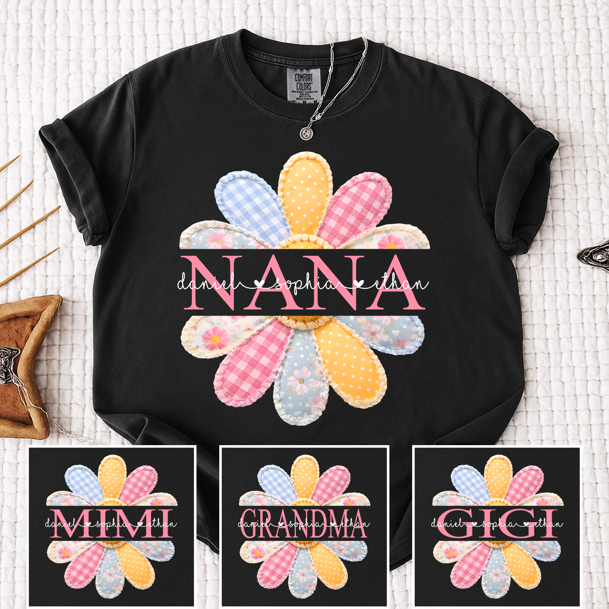 Comfort Colors Personalized Nana Shirt with Colorful Patchwork Daisy – Custom Grandma Gift with Grandkids  Names