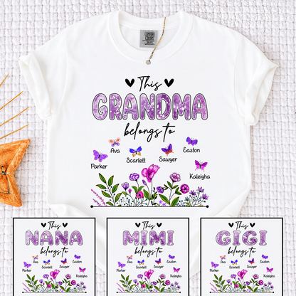 Comfort Colors® This Grandma Belongs To Tee, Custom Grandma Shirt with Grandkids Names, Floral Garden Theme, Meaningful Family Apparel