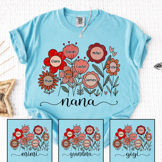 Comfort Colors Personalized Nana T Shirt, Custom Family Floral Design with Kids Names, Perfect Gift for Grandma