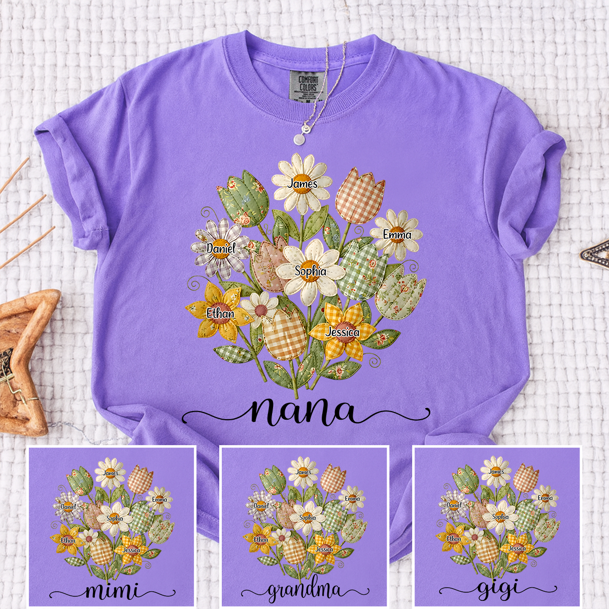 Comfort Colors Personalized Nana Shirt with Grandkids Names, Custom Flower Bouquet Grandma T Shirt, Family Gift for Nana