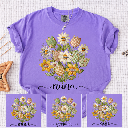 Comfort Colors Personalized Nana Shirt with Grandkids Names, Custom Flower Bouquet Grandma T Shirt, Family Gift for Nana