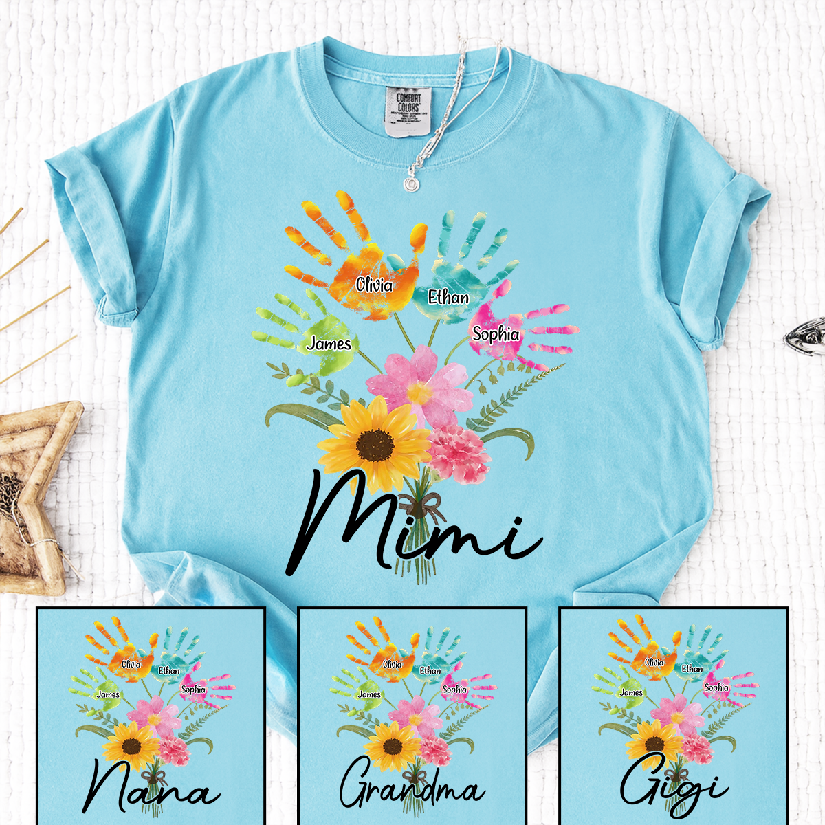 Custom Mimi Shirt, Personalized Handprints and Flowers with Family Names, Idea Gift for Mimi