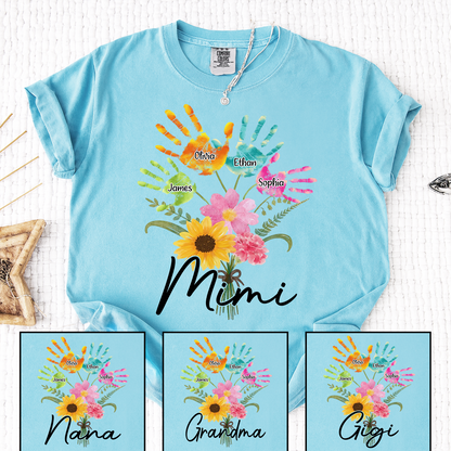Custom Mimi Shirt, Personalized Handprints and Flowers with Family Names, Idea Gift for Mimi