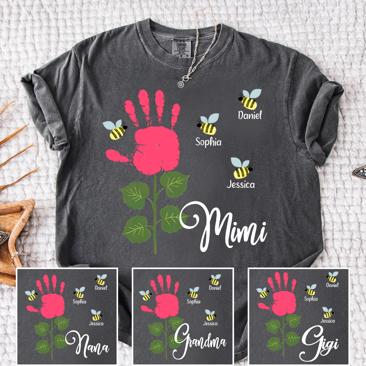 Comfort Colors Personalized Mimi Shirt, Custom Family Names with Handprint Flower Design and Bees, Perfect Gift for Mimi