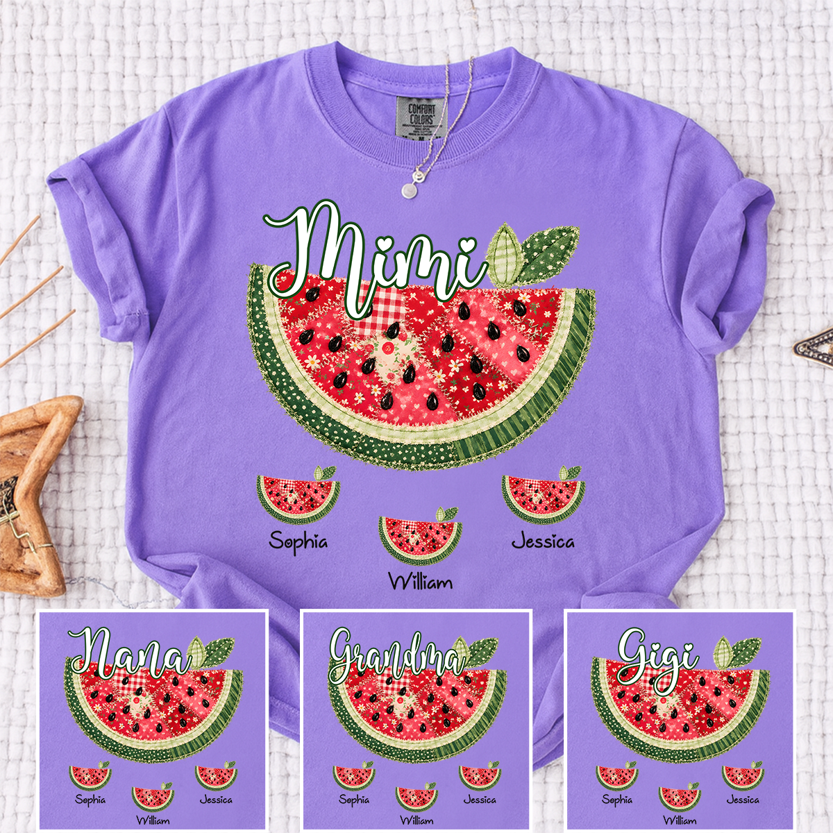 Comfort Colors Custom Mimi Watermelon Patchwork Tee, Personalized Grandma Shirt with Kids Names, Summer Vacation Family Gift for Women
