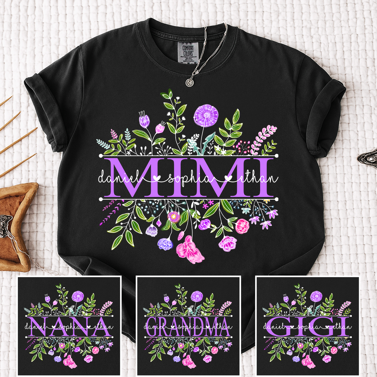 Comfort Colors Custom Mimi Shirt, Floral Graphic with Personalized Grandkids Names, Perfect Gift for Grandma