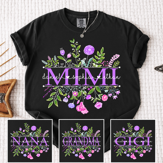 Comfort Colors Custom Mimi Shirt, Floral Graphic with Personalized Grandkids Names, Perfect Gift for Grandma