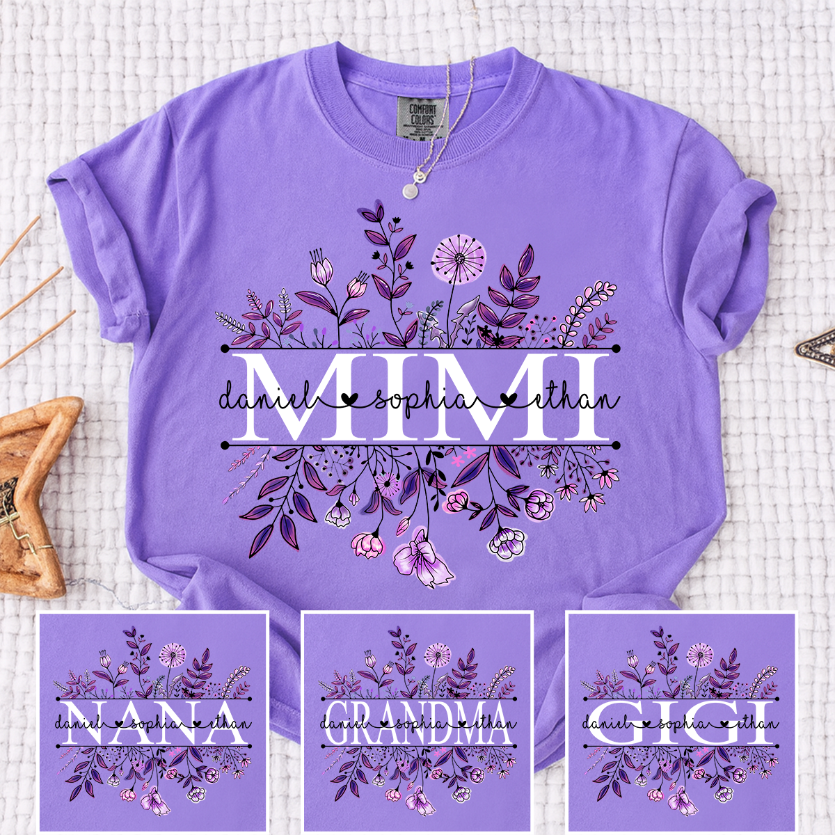 Comfort Colors Personalized MIMI T Shirt, Customizable with Family Names, Stunning Floral Design with Purple Flowers
