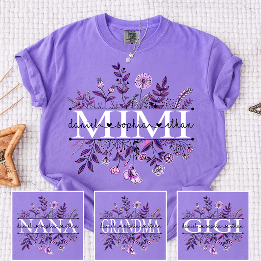 Comfort Colors Personalized MIMI T Shirt, Customizable with Family Names, Stunning Floral Design with Purple Flowers