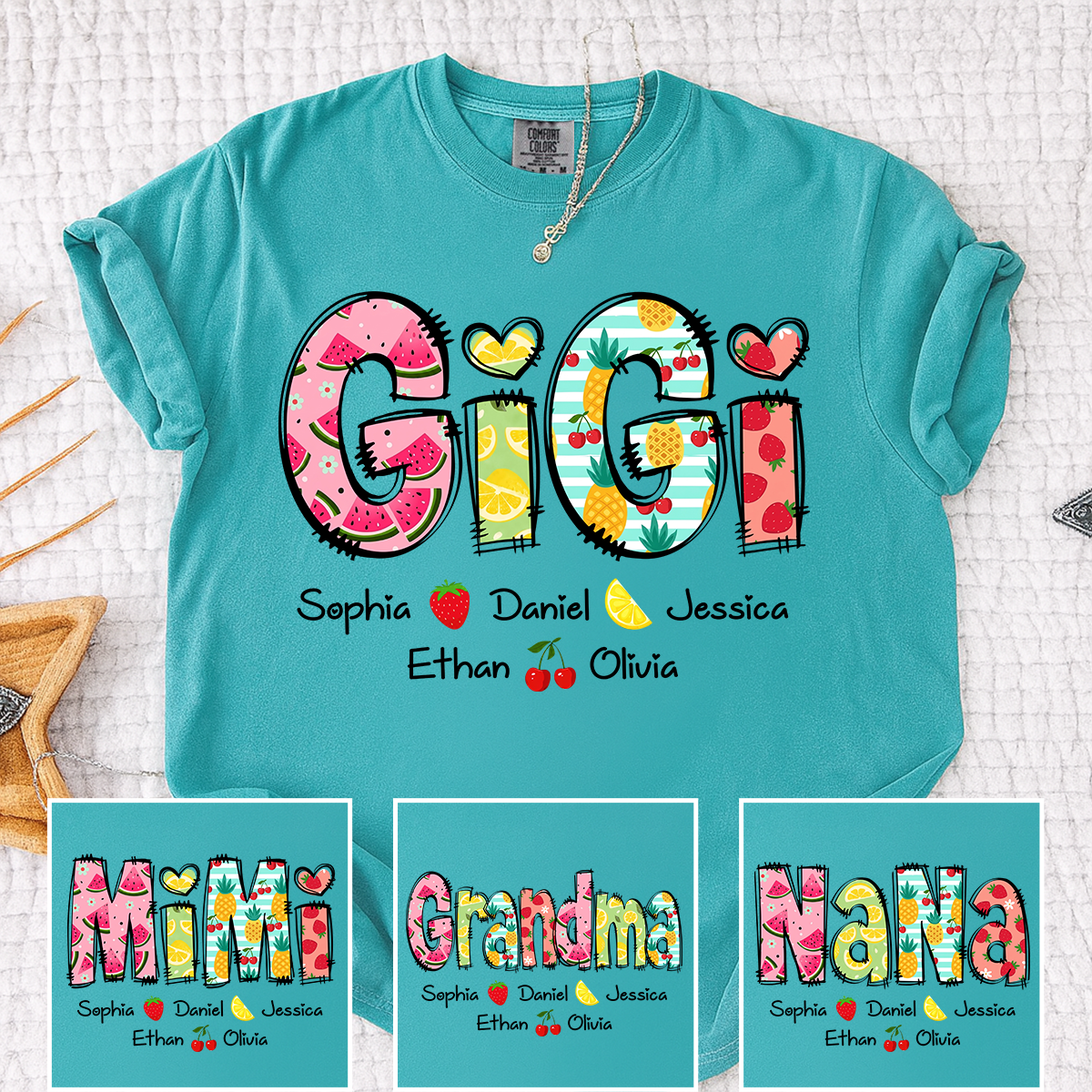 Comfort Colors Custom Gigi Shirt with Kids Names, Personalized Grandma Summer T Shirt, Fruit Pattern Graphic Tee for Nana Mimi Grammy