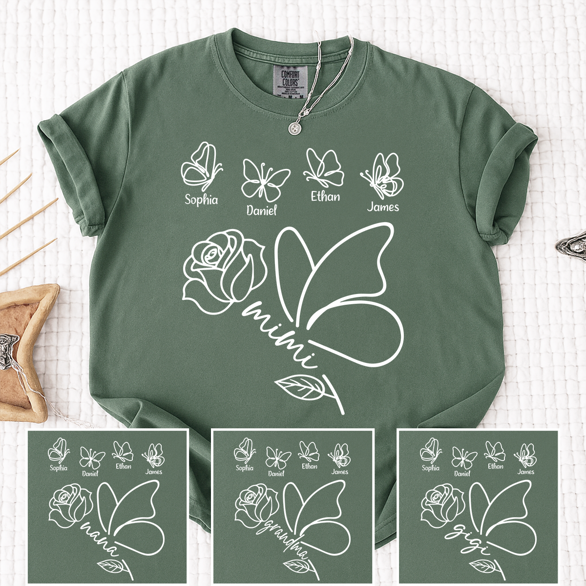Comfort Colors Custom Mimi Shirt, Butterfly and Rose Graphic, Personalized with Kids Names, Family Gift