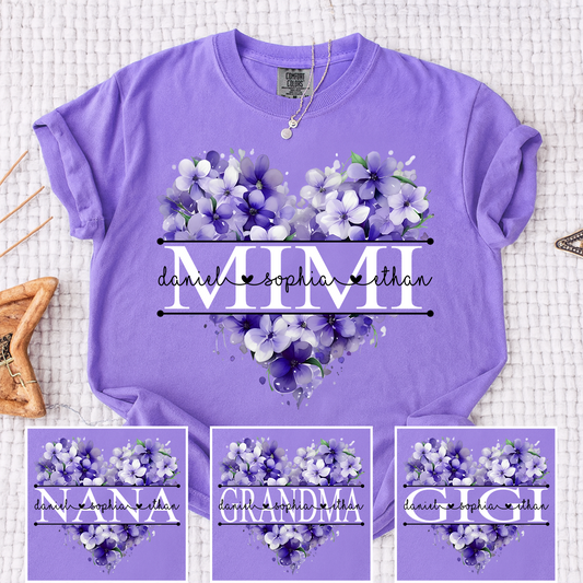 Comfort Colors Personalized MIMI T Shirt, Custom Family Names with Purple Floral Heart Design, Perfect Gift for Mimi