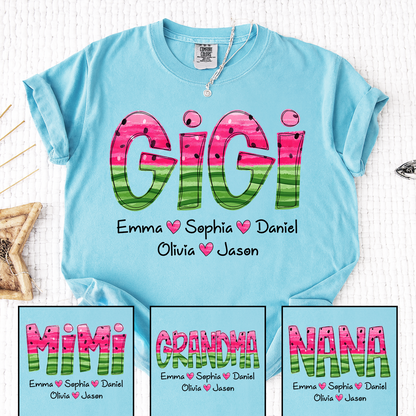 Comfort Colors Custom Gigi Grandma Shirt, Personalized Kids Names Watermelon Graphic Tee, Cute Summer Gift for Nana Mimi Grammy
