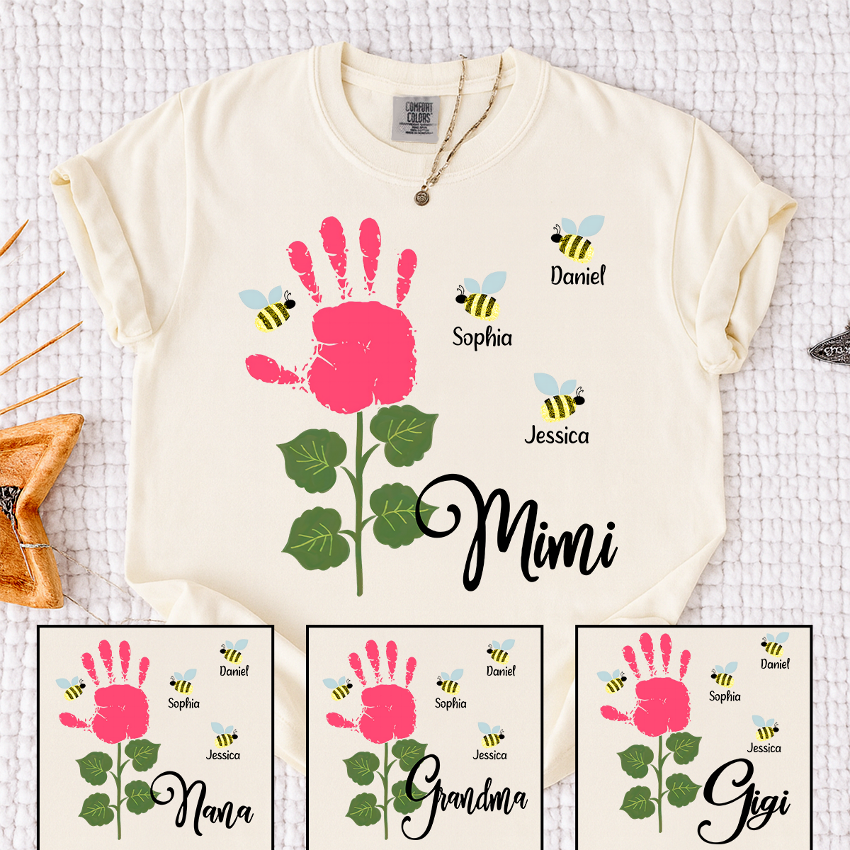 Comfort Colors Personalized Mimi Shirt, Custom Family Names with Handprint Flower Design and Bees, Perfect Gift for Mimi