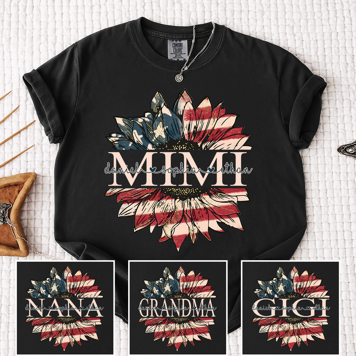 Comfort Colors Personalized Mimi Shirt Sunflower American Flag Design, Custom Kids Names Grandma T Shirt