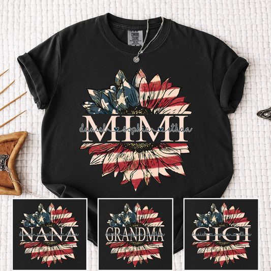 Comfort Colors Personalized Mimi Shirt Sunflower American Flag Design, Custom Kids Names Grandma T Shirt