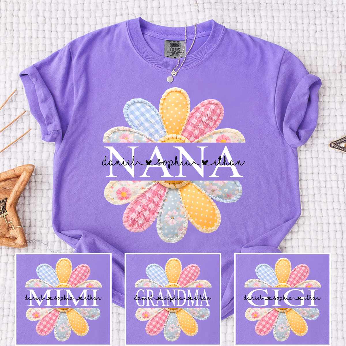 Comfort Colors Personalized Nana Shirt with Colorful Patchwork Daisy – Custom Grandma Gift with Grandkids  Names