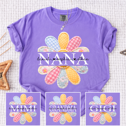 Comfort Colors Personalized Nana Shirt with Colorful Patchwork Daisy – Custom Grandma Gift with Grandkids  Names