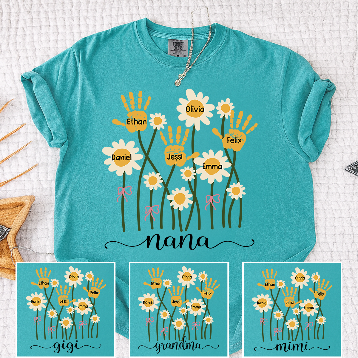 Comfort Colors Personalized Nana Shirt, Custom Handprint Daisy Flower Design, Grandkids Names Tee, Mother's Day Gift for Nana