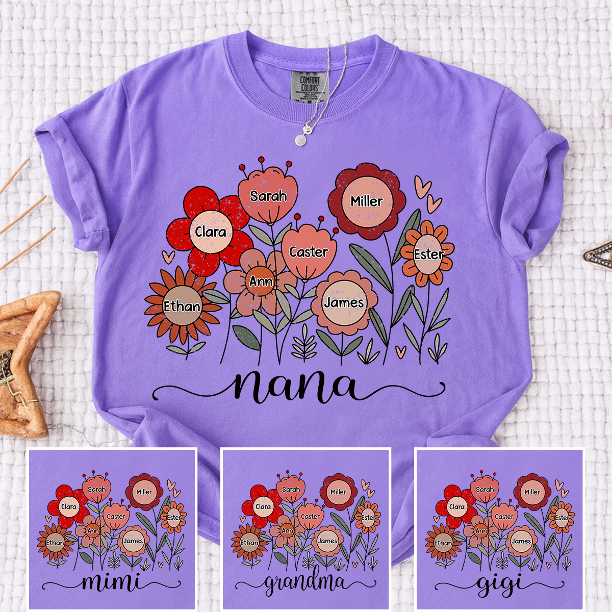 Comfort Colors Personalized Nana T Shirt, Custom Family Floral Design with Kids Names, Perfect Gift for Grandma