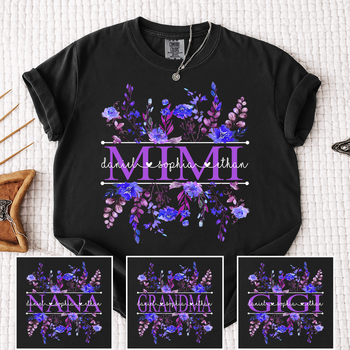 Comfort Colors Personalized Mimi Shirt with Purple Wildflower Design – Custom Grandma Gift with Grandkids Names