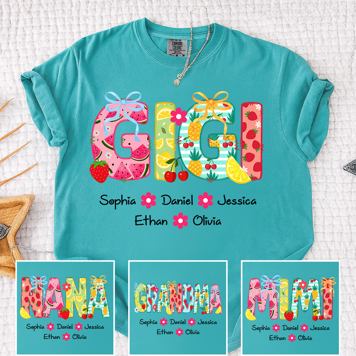 Comfort Colors Personalized Gigi Summer Shirt, Custom Grandma T Shirt with Grandkids Names, Fruit Pattern Family Tee for Gigi Nana Mimi