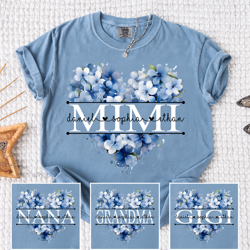 Comfort Colors Personalized Mimi Shirt with Blue Floral Heart Design, Custom Grandma Gift with Grandkids Name
