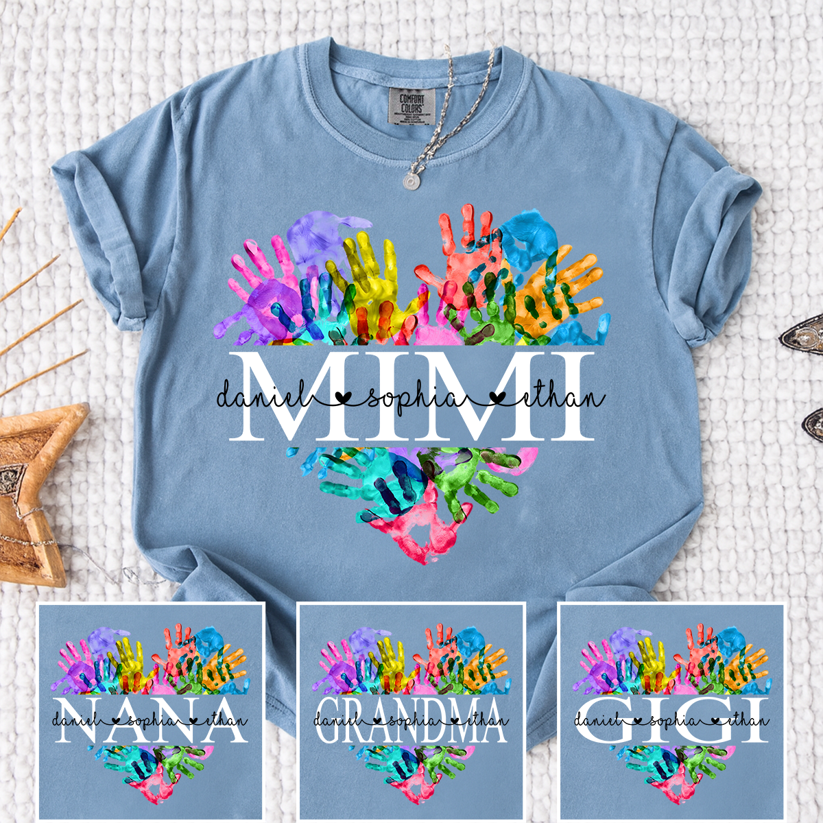 Comfort Colors Personalized Mimi Shirt Colorful Handprint Heart Custom Grandkids Names Mimi Grandma Gift T Shirt