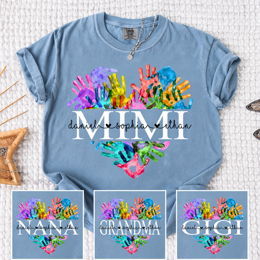 Comfort Colors Personalized Mimi Shirt Colorful Handprint Heart Custom Grandkids Names Mimi Grandma Gift T Shirt