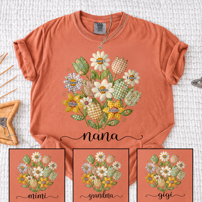 Comfort Colors Personalized Nana Shirt with Grandkids Names, Custom Flower Bouquet Grandma T Shirt, Family Gift for Nana