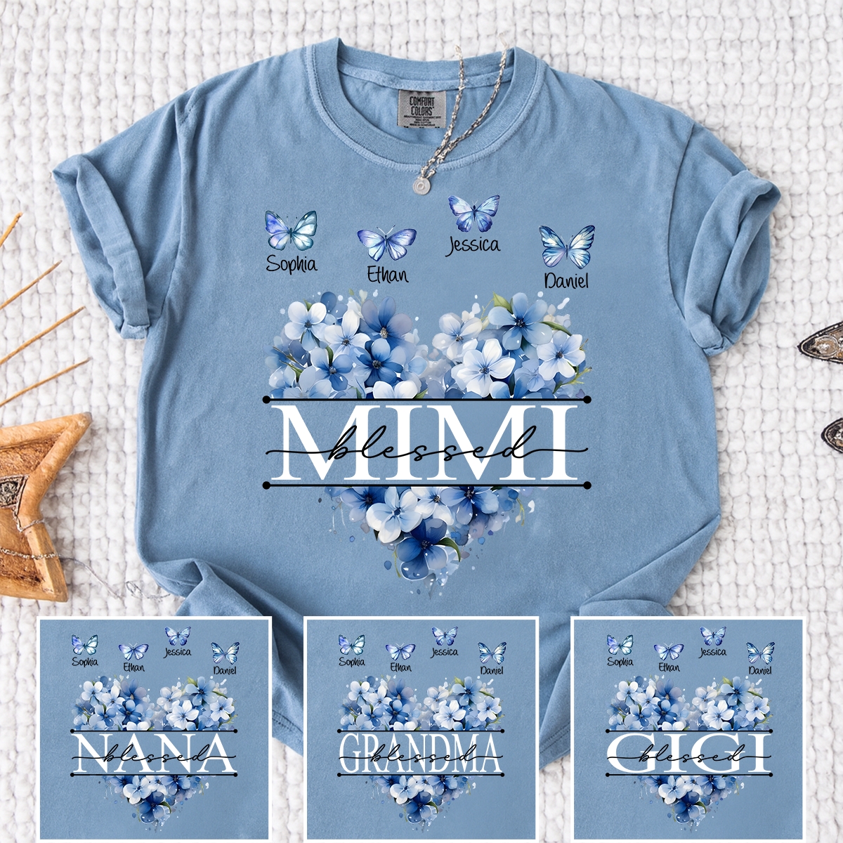 Comfort Colors Blessed Mimi T Shirt, Personalized with Kids Names, Heart Shaped Floral Design with Butterflies, Perfect for Mimi
