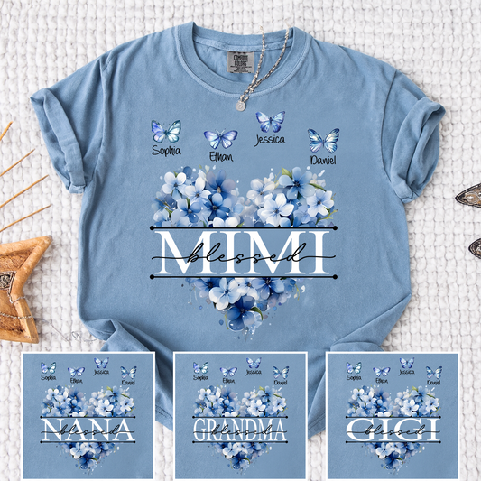 Comfort Colors Blessed Mimi T Shirt, Personalized with Kids Names, Heart Shaped Floral Design with Butterflies, Perfect for Mimi
