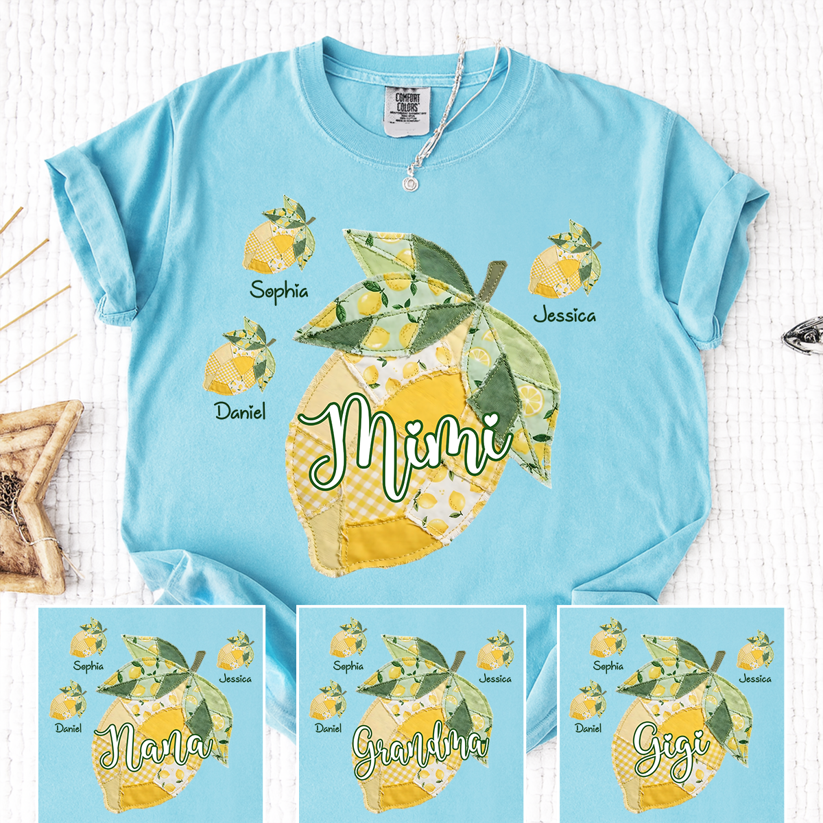 Comfort Colors Personalized Mimi Lemon Shirt with Grandkids Names, Custom Grandma Lemon Patchwork T Shirt for Women, Summer Family Gift