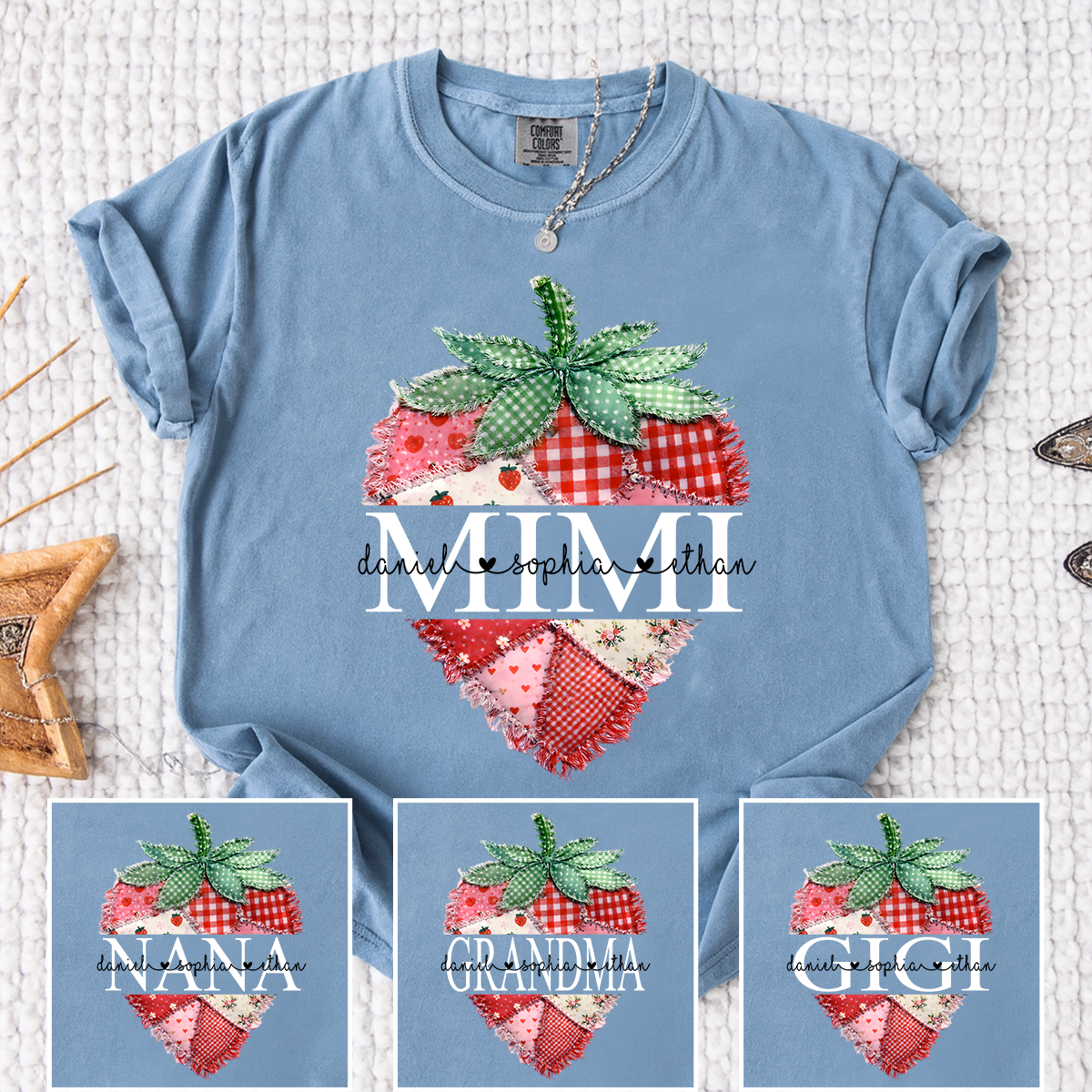 Comfort Colors Custom Mimi Strawberry Patchwork Tee, Personalized Grandma Shirt with Grandchildren Names, Birthday Christmas Family Gift